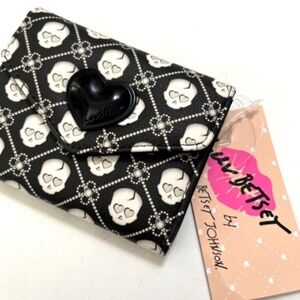 NWT BETSEY JOHNSON Trifold Flap Wallet Skulls Pattern Black Lattice Halloween